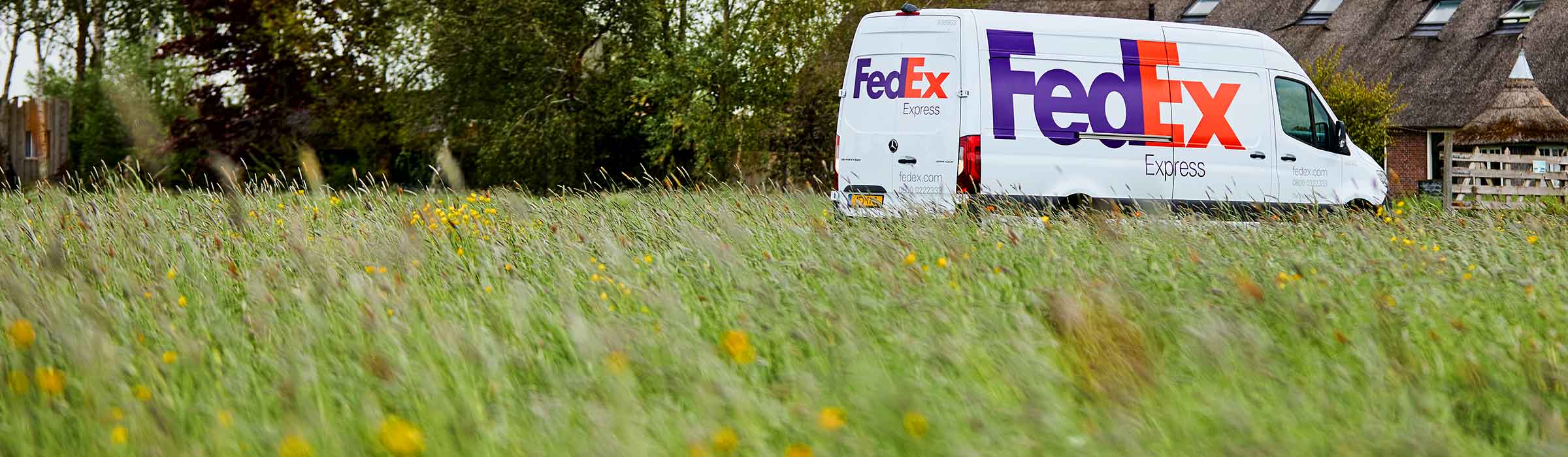 Van driving past flowers