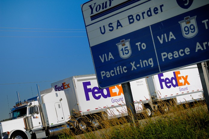 FedEx truck approaching U.S. border crossing