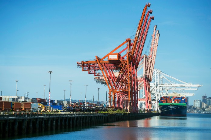 Giant harbor cranes at a port loading dock stand ready to load container ships.