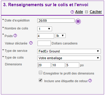 Étape 3 : détails sur le colis et l’envoi