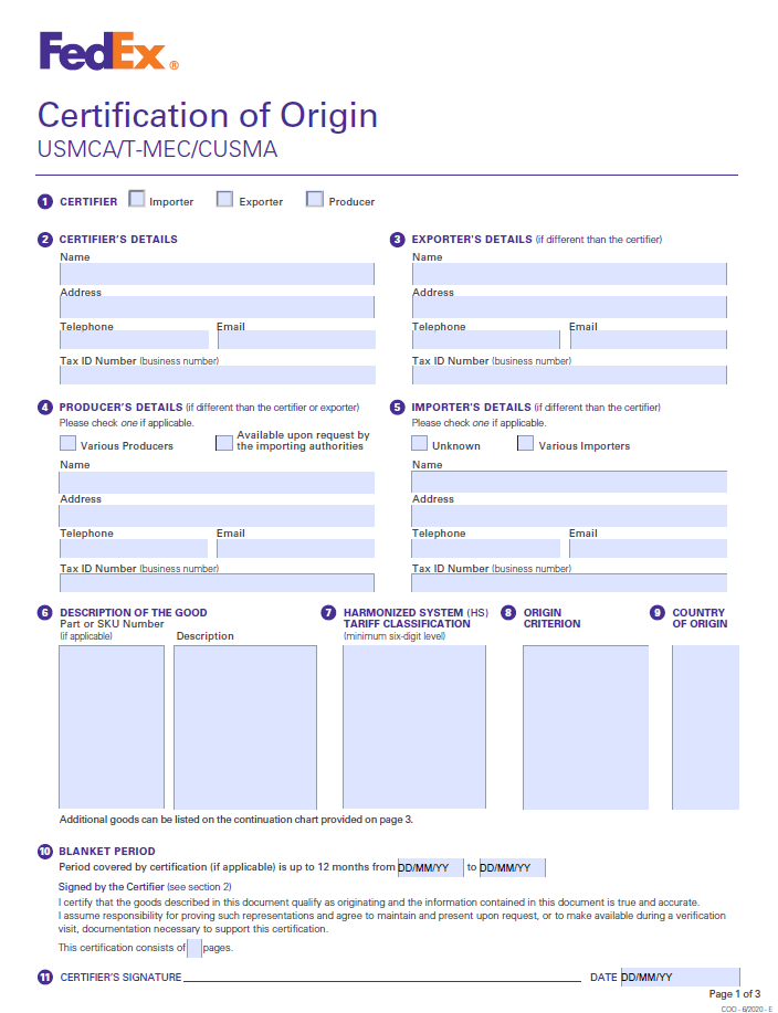 Cusma Certificate Of Origin Form