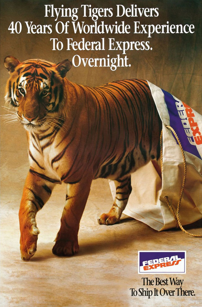FedEx-reklame fra 1989 der en tigerunge kommer ut av en FedEx-bag