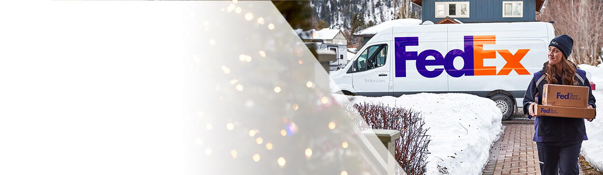 Courier delivery package while it's snowing outside