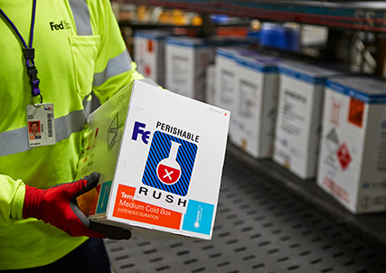 FedEx employee carrying a cold box with a perishable rush sticker