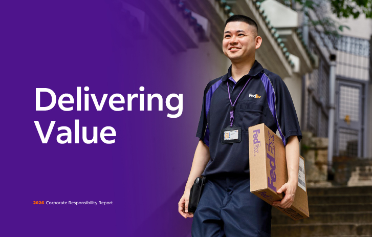 FedEx courier walking with a package in hand and the text Delivering Value on a purple background
