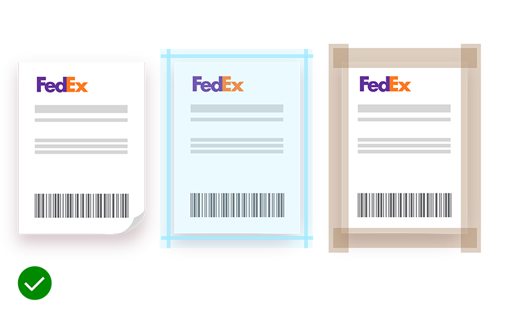 Illustration of shipping labels with different attachment options and a green check mark