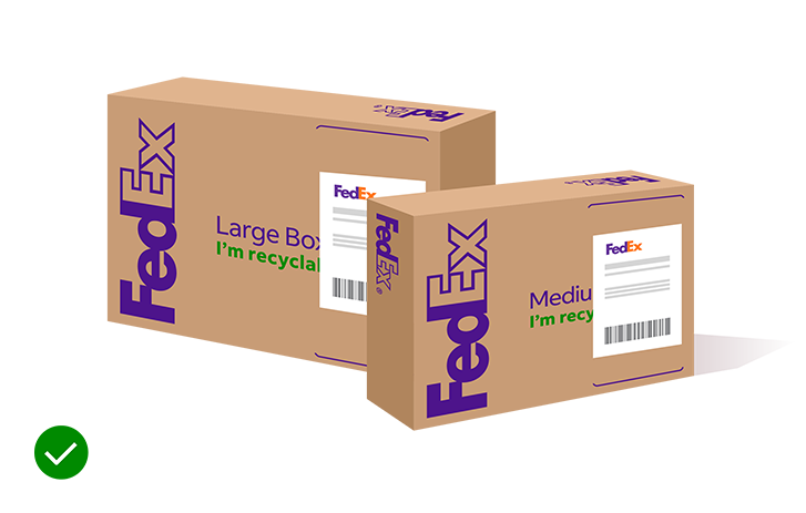 Illustration of a FedEx packages with labels in designated areas and a green check mark
