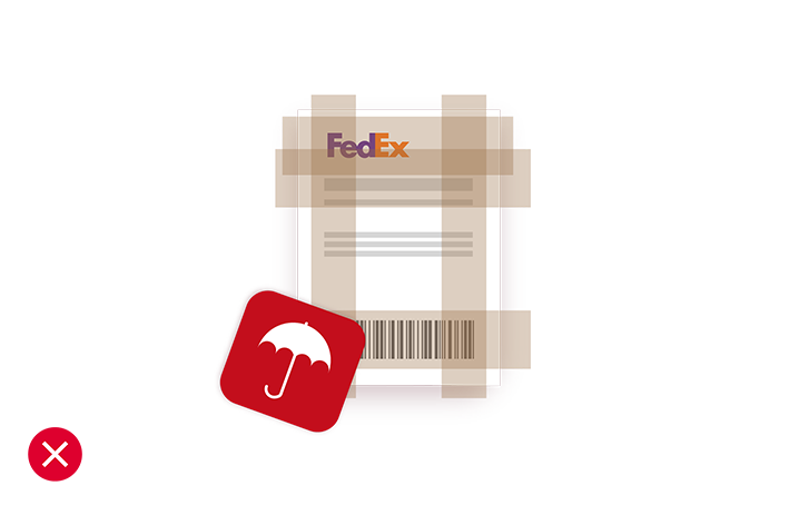 Illustration of a shipping label with tape and a sticker obstructing details and a red X mark