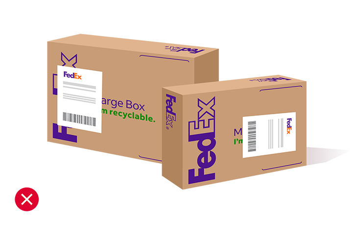Illustration of a FedEx packages with labels not in designated areas and a red X mark