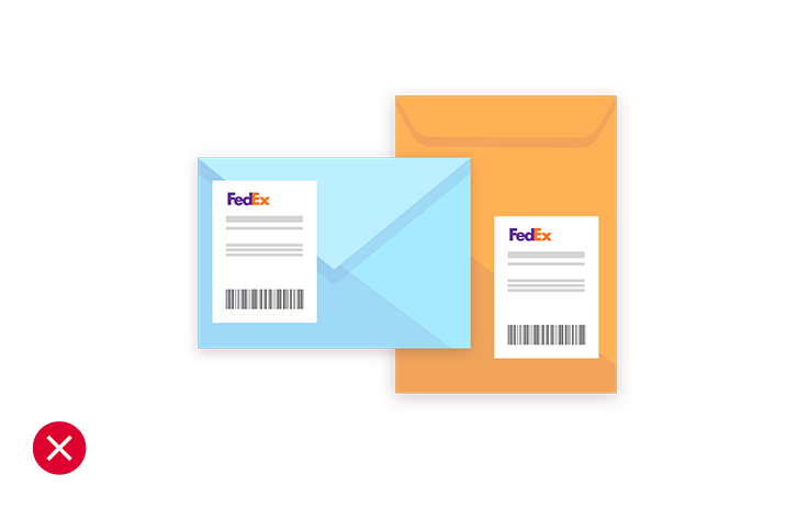 Illustration of two envelops with labels on the back side and a red X mark