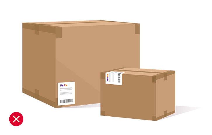 Illustration of two packages with shipping labels placed incorrectly and a red X mark