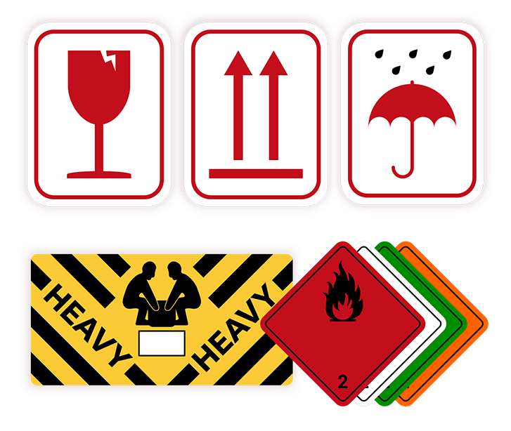 Collection of special handling or safety stickers for packages