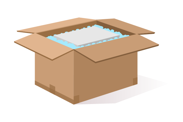 Illustration of a box with packing peanuts and a piece of paper on top