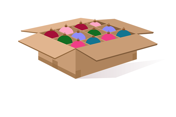 Illustration of a box neatly packed with ornaments separated by cardboard