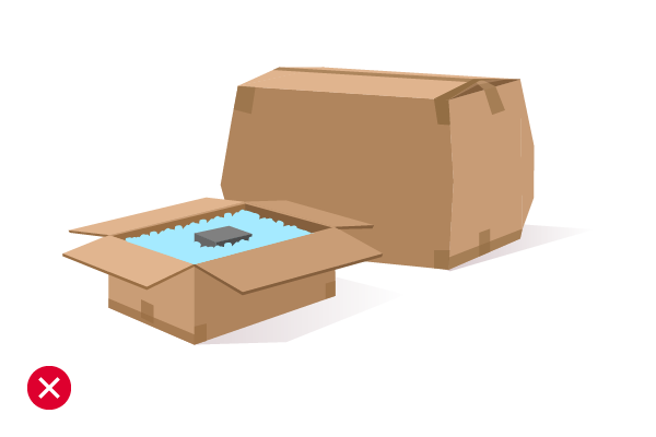 Illustration of a bulging box and an open box with packing peanuts and an item on top with a red X beside it