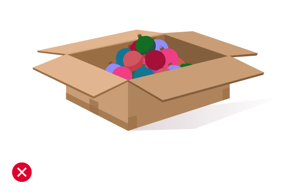 Illustration of a box with a pile of fragile ornaments in it with a red X beside it