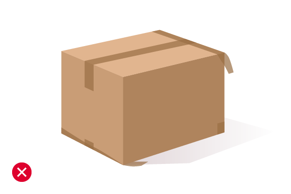 Illustration of a poorly taped box with a red X beside it