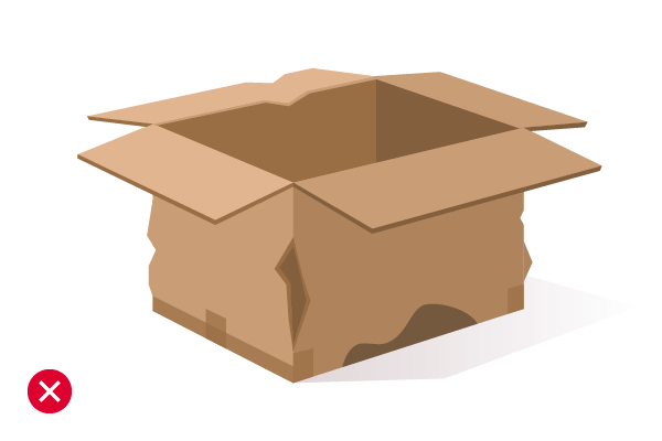 Illustration of a box in bad shape with a red X beside it