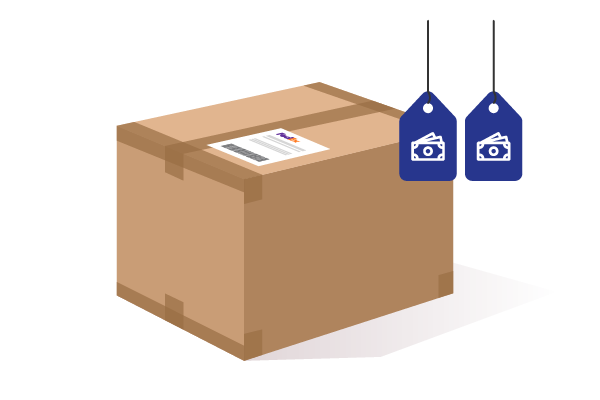 Illustration of a taped and sealed box with two tags showing money