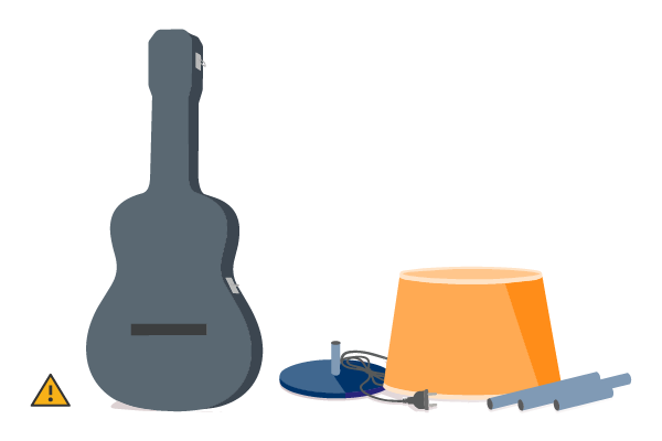 Illustration of a guitar case next to pieces of a floor lamp with an alert symbol in the corner
