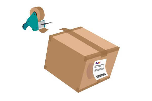 Illustration of a box with a label and a tape gun