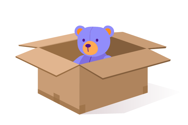 Illustration of a large box with a small teddy bear in it