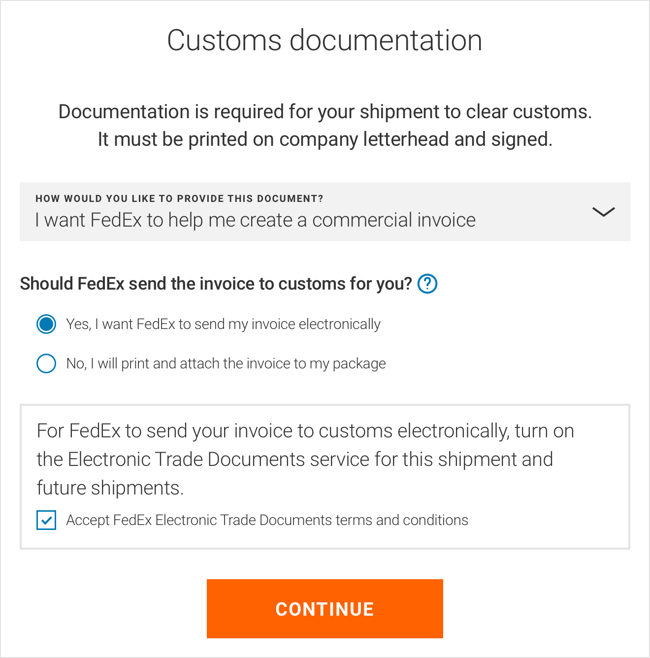 Customs documentation screenshot