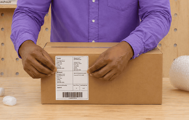 Hands putting a shipping label on a package
