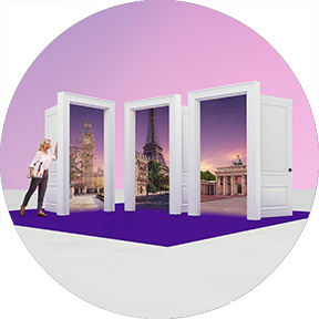 Person at an open door to Europe with a FedEx box