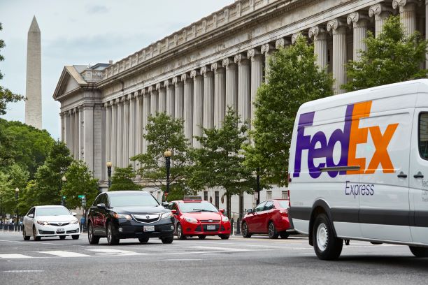 FedEx truck driving in Washington D.C.