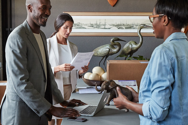 Business owners reviewing a label