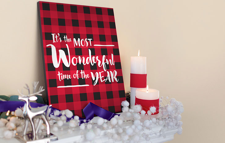 A photo poster on a mantel