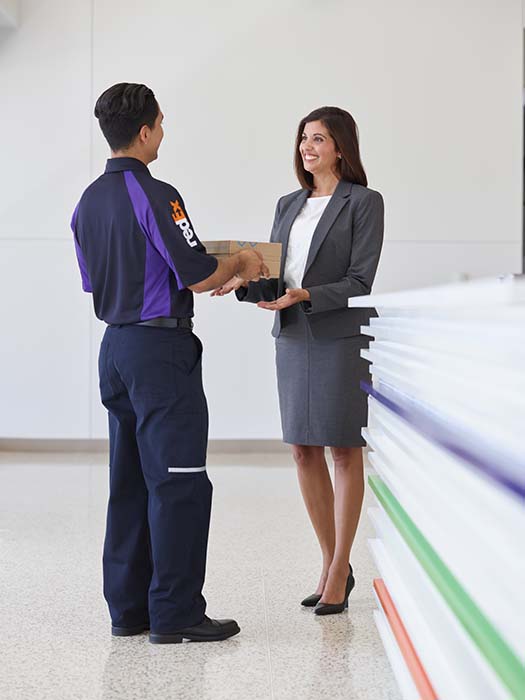 FedEx courier handing off package