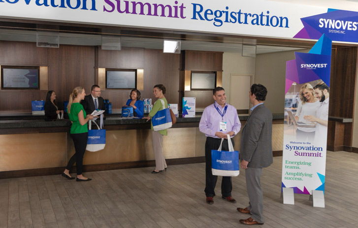 A hotel lobby for a trade show A hotel lobby for a trade show