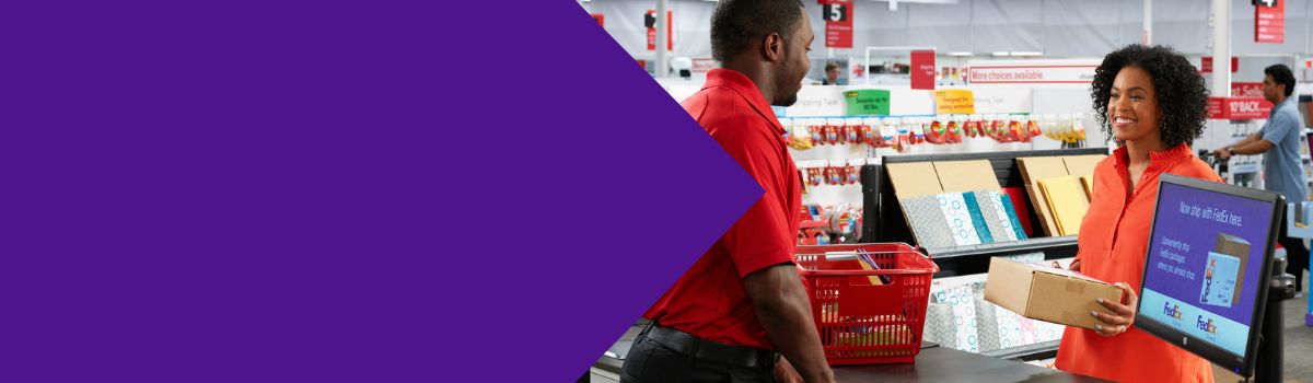 Woman dropping off package at Office Depot OfficeMax location