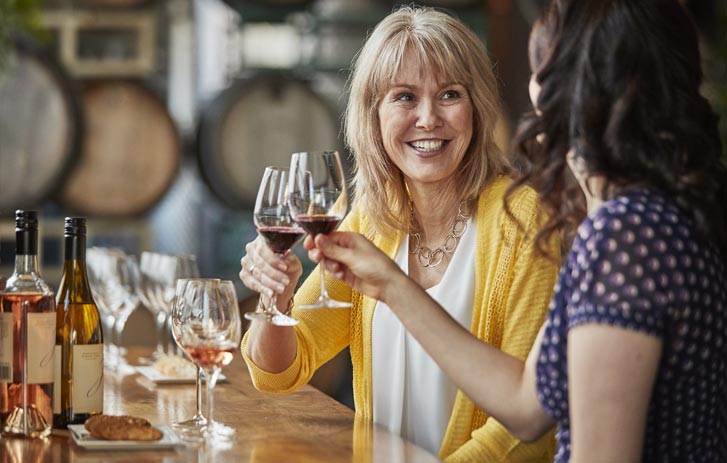 A photo of two women sitting at a table and raising wine glasses to make a toast