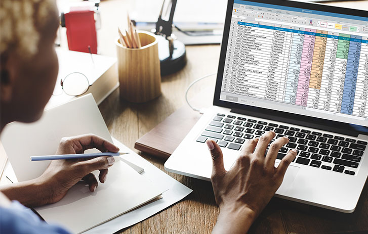 A visual of a person typing in a spreadsheet on a laptop.