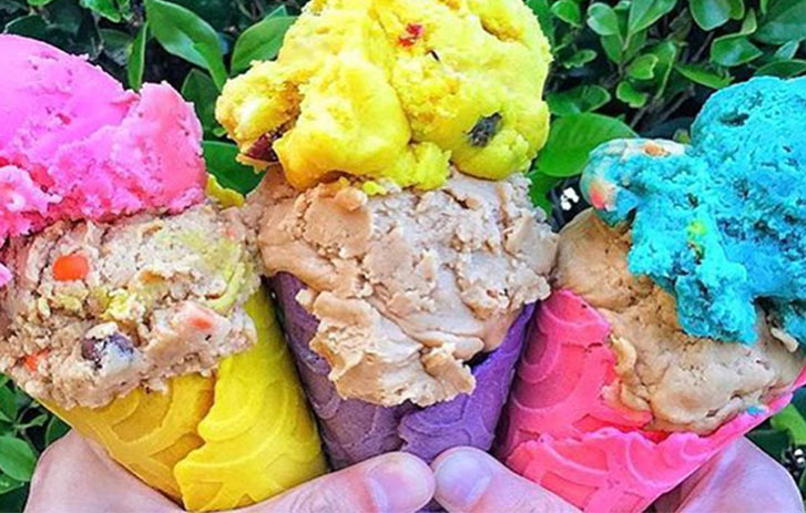 Konery’s artisan waffle cones A photo of three colorful ice cream cones with scoops of ice cream