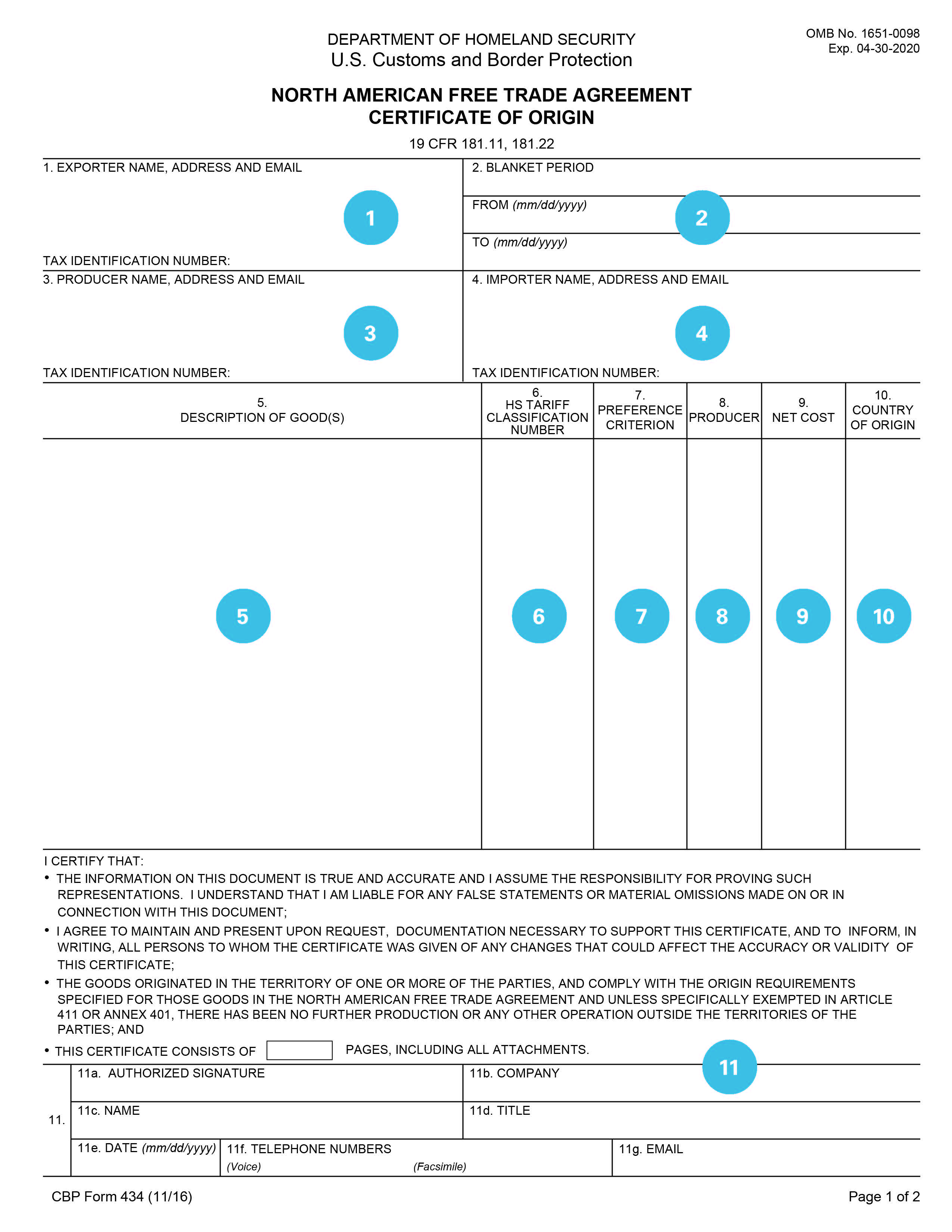 NAFTA Certificate of Origin