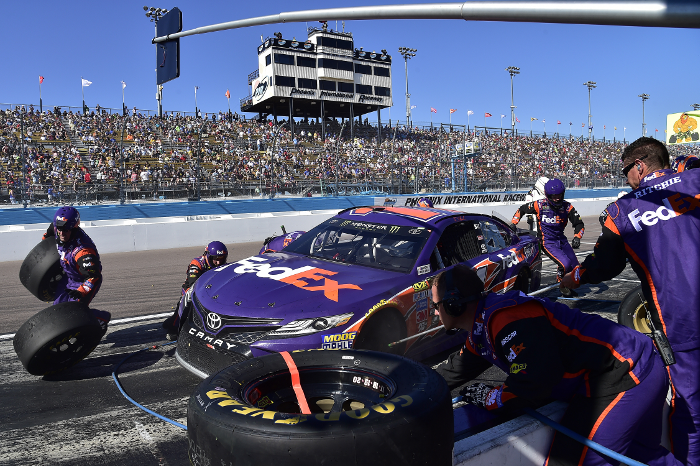 #11 FedEx Racing race car during a pit stop