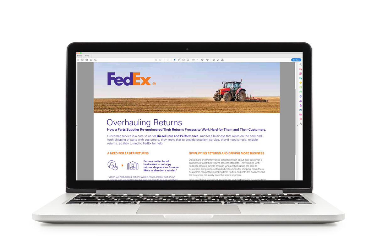 Open laptop with a customer story on the screen.