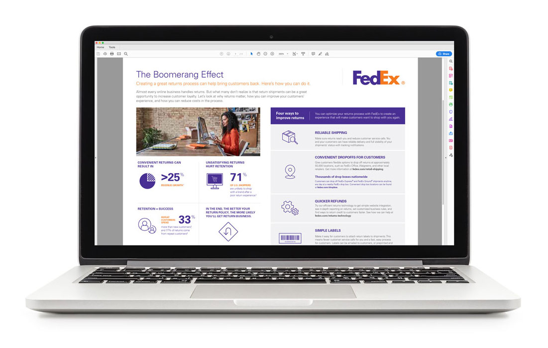 Open laptop with information about FedEx returns on the screen.