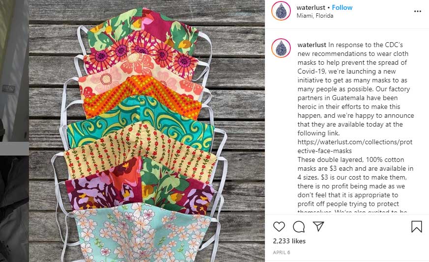 image of facemask made by Waterlust. Image shows example of how businesses adapt during COVID-19.