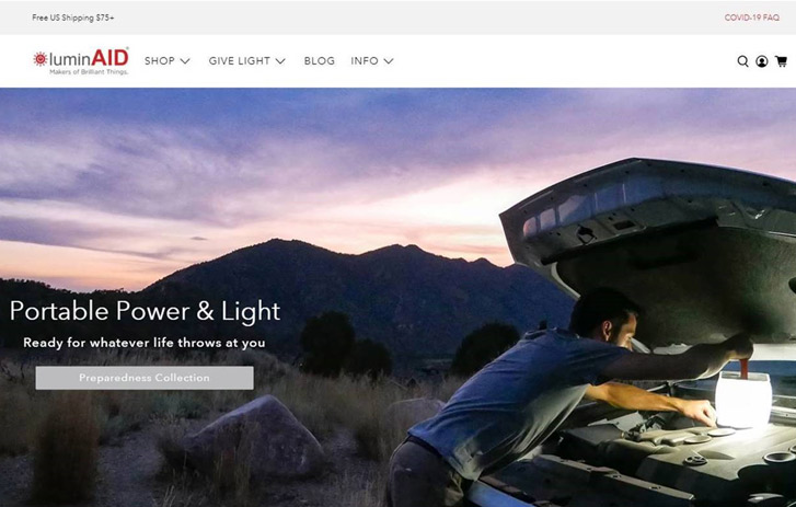 Picture of Luminaid website featuring its product