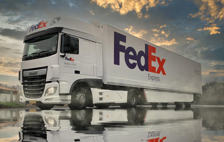 FedEx Express truck on a wet road