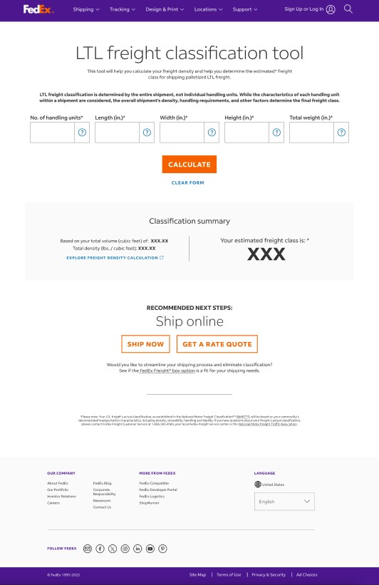 Screen capture of FedEx LTL Freight Classification tool PDF - Step One