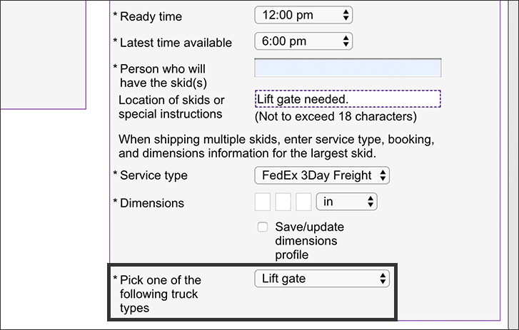 Screenshot of step 5 for how to arrange a FedEx Express Freight pickup online