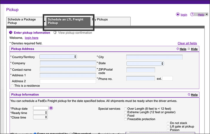 Screenshot of step 1 for how to schedule a LTL pickup online