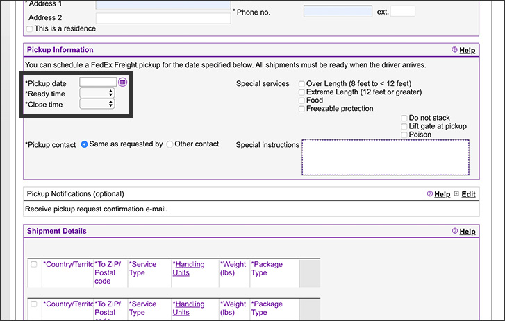 Screenshot of step 3 for how to schedule a LTL pickup online
