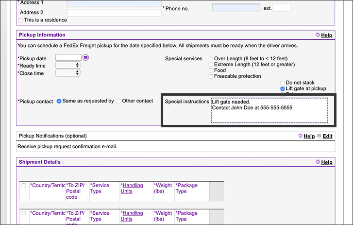 Screenshot of step 6 for how to schedule a LTL pickup online